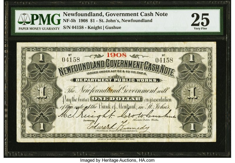 Canada St. John's, NF- Newfoundland Government Cash Note $1 1908 NF-5h PMG Very ...