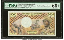 Central African Republic Banque des Etats de l'Afrique Centrale 5000 Francs ND (1974) Pick 3b PMG Gem Uncirculated 66 EPQ. A Gem example of a higher d...