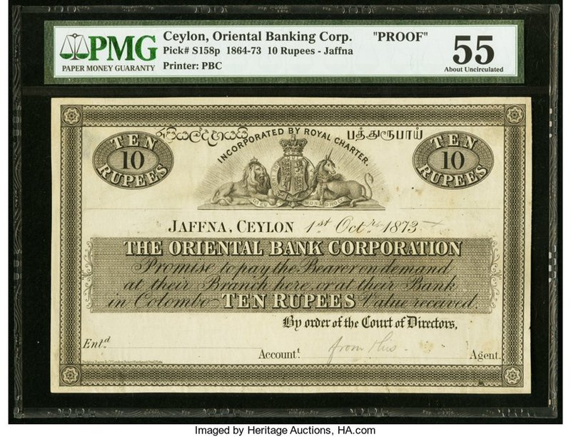 Ceylon Oriental Bank Corporation, Jaffna 10 Rupees 1.10.1873 Pick S158p Proof PM...