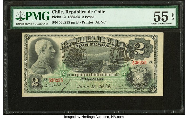 Chile Republica de Chile 2 Pesos 16.6.1893 Pick 12 PMG About Uncirculated 55 EPQ...