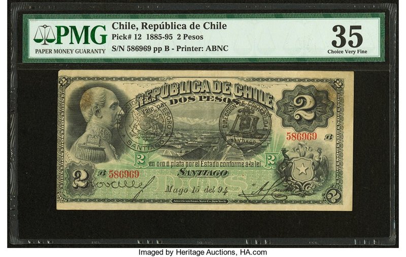 Chile Republica de Chile 2 Pesos 15.5.1894 Pick 12 PMG Choice Very Fine 35. A ha...