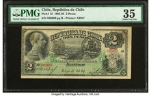 Chile Republica de Chile 2 Pesos 15.5.1894 Pick 12 PMG Choice Very Fine 35. A handsome second denomination, and very scarce in any grade. This unusual...