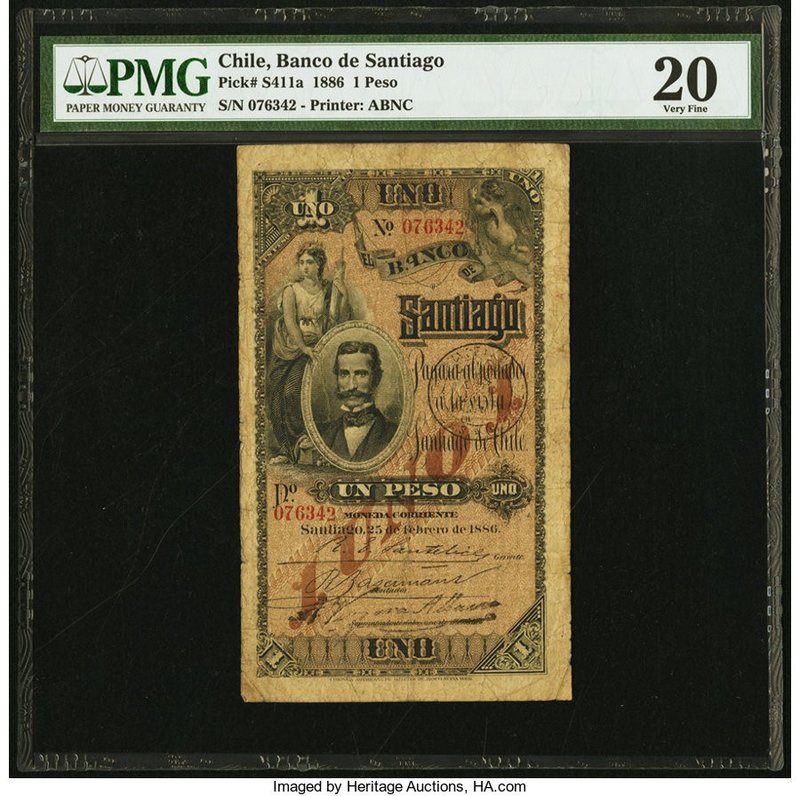 Chile Banco de Santiago 1 Peso 25.2.1886 Pick S411a PMG Very Fine 20. The exampl...