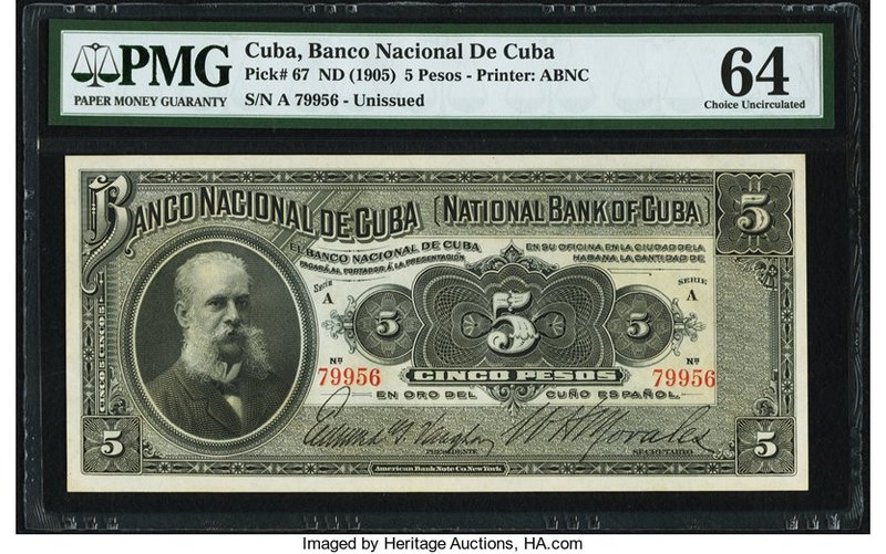 Cuba Banco Nacional de Cuba 5 Pesos ND (1905) Pick 67 PMG Choice Uncirculated 64...