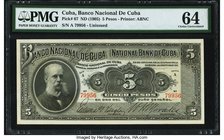 Cuba Banco Nacional de Cuba 5 Pesos ND (1905) Pick 67 PMG Choice Uncirculated 64. A prized denomination from the famed 1905 series that was almost imm...