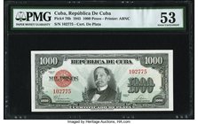Cuba Republica de Cuba 1000 Pesos 1945 Pick 76b PMG About Uncirculated 53. The highest denomination featuring Tomas Estrada Palma, the first elected p...
