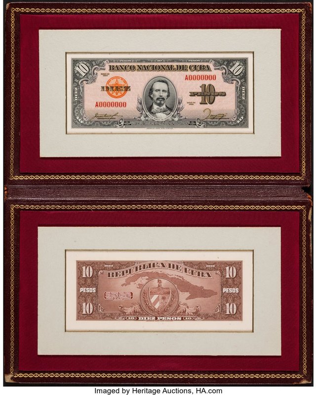 Cuba Banco Nacional de Cuba 10 Pesos 1955 Pick UNL (79p) Front and Back Proofs i...
