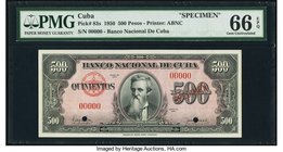 Cuba Banco Nacional de Cuba 500 Pesos 1950 Pick 83s Specimen PMG Gem Uncirculated 66 EPQ. A top tier Specimen with all zero serials, and cancelled wit...