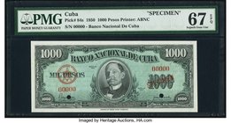 Cuba Banco Nacional de Cuba 1000 Pesos 1950 Pick 84s Specimen PMG Superb Gem Unc 67 EPQ. Thomas Palma is seen on the face of this highest denomination...
