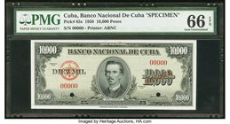 Cuba Banco Nacional de Cuba 10,000 Pesos 1950 Pick 85s Specimen PMG Gem Uncirculated 66 EPQ. The incredible amount of 10,000 Pesos is seen on this rar...