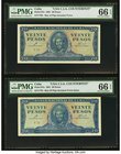 Cuba Banco Nacional de Cuba 20 Pesos 1961 Pick 97x "USA C.I.A. Counterfeit" 2 Examples PMG Gem Uncirculated 66 EPQ (2). A high grade pair of counterfe...