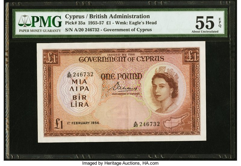 Cyprus Government of Cyprus 1 Pound 1.2.1956 Pick 35a PMG About Uncirculated 55 ...