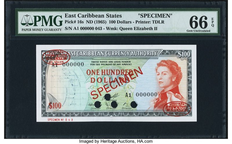 East Caribbean States Currency Authority 100 Dollars ND (1965) Pick 16s Specimen...