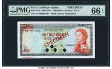 East Caribbean States Currency Authority 100 Dollars ND (1965) Pick 16s Specimen PMG Gem Uncirculated 66 EPQ. A top tier graded Specimen example of th...