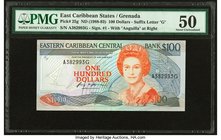 East Caribbean States Central Bank, Grenada 100 Dollars ND (1988-93) Pick 25g PMG About Uncirculated 50. Queen Elizabeth II is seen on the face on thi...