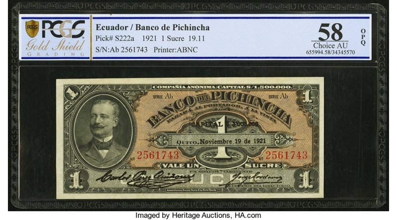 Ecuador Banco del Pichincha 1 Sucre 9.11.1921 Pick S222a PCGS Gold Shield Choice...