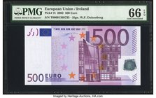 European Union European Central Bank, Ireland 500 Euro 2002 Pick 7t PMG Gem Uncirculated 66 EPQ. Issued for Ireland, this 500 Euro note has one of the...
