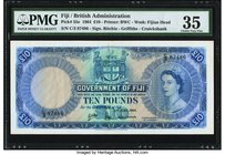 Fiji Government of Fiji 10 Pounds 11.6.1964 Pick 55e PMG Choice Very Fine 35. A charming high denomination featuring Queen Elizabeth II wearing the Ki...