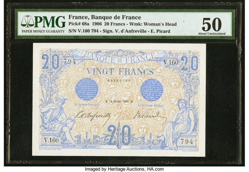 France Banque de France 20 Francs 16.2.1906 Pick 68a PMG About Uncirculated 50. ...
