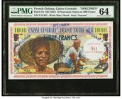 French Guiana Caisse Centrale de la France d'Outre-Mer 10 Nouveaux Francs on 1000 Francs ND (1961) Pick 31s Specimen PMG Choice Uncirculated 64. Large...