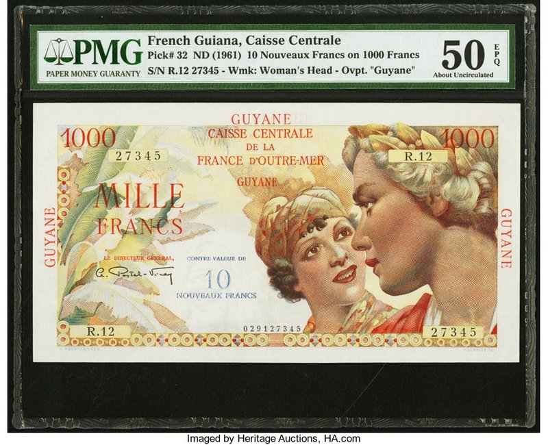 French Guiana Caisse Centrale de la France d'Outre-Mer 10 Nouveaux Francs on 100...