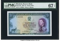 Rhodesia Reserve Bank of Rhodesia 5 Pounds 10.11.1964 Pick 26a PMG Superb Gem Unc 67 EPQ. An iconic type for Rhodesia. A beautiful vignette of antelop...