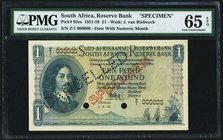 South Africa South African Reserve Bank 1 Pound 1.8.1958 Pick 93es Replacement Specimen PMG Gem Uncirculated 65 EPQ. An Afrikaans/English Specimen wit...