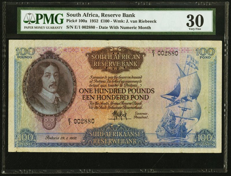 South Africa South African Reserve Bank 100 Pounds 29.1.1952 Pick 100a PMG Very ...