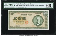 South Korea Bank of Korea 500 Hwan 1958 Pick 24 PMG Gem Uncirculated 66 EPQ. A pack fresh example bearing the controversial President Rhee, wearing a ...