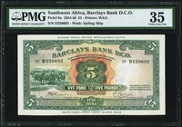 Southwest Africa Barclays Bank D.C.O. 5 Pounds 30.11.1954 Pick 6a PMG Choice Very Fine 35. A scarcer 1954 Pick variety, with this being the sole grade...