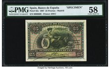Spain Banco de Espana 25 Pesetas 15.7.1907 Pick 62s Specimen PMG Choice About Unc 58. A lightly handled Specimen example of the second colorful BWC se...
