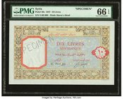 Syria Banque de Syrie et du Liban 10 Livres 1947 Pick 58s Specimen PMG Gem Uncirculated 66 EPQ. An Arabian horse watermark is seen on this French desi...