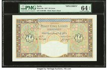 Syria Banque de Syrie et du Liban 25 Livres 1947 Pick 59s Specimen PMG Choice Uncirculated 64 EPQ. A ram's head watermark is seen on this brightly col...