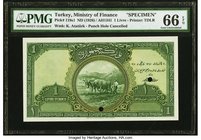 Turkey Ministry of Finance 1 Livre ND (1926) Pick 119s1 Specimen PMG Gem Uncirculated 66 EPQ. A simply beautiful example of this popular type, and des...