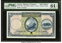 Turkey Ministry of Finance 5 Livres ND (1926) AH1341 Pick 120s Specimen PMG Choice Uncirculated 64 EPQ. A rare Specimen of the first currency issued b...
