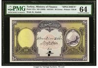 Turkey Ministry of Finance 10 Livres ND (1926) AH1341 Pick 121s Specimen PMG Choice Uncirculated 64. An incredible early Specimen for the newly establ...