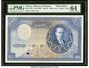 Turkey Ministry of Finance 1000 Livres 1926 Pick 125s Specimen PMG Choice Uncirculated 64. The highest denomination of the first series issued by the ...