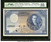 Turkey Ministry of Finance 1000 Livres 1926 Pick 125s Specimen PMG About Uncirculated 55. A truly magnificent portrayal of TDL artistry is evident on ...