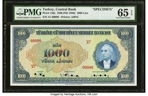 Turkey Central Bank of Turkey 1000 Lira 1930 (ND 1946) Pick 146s Specimen PMG Gem Uncirculated 65 EPQ. A beautiful and scarce Specimen of this highest...