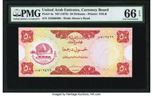 United Arab Emirates Currency Board 50 Dirhams ND (1973) Pick 4a PMG Gem Uncirculated 66 EPQ. An especially good example of this rare denomination, se...