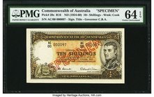 Australia Commonwealth Bank of Australia 10 Shillings ND (1954-60) Pick 29s R16 Specimen PMG Choice Uncirculated 64 EPQ. A rare post WWII Specimen fro...