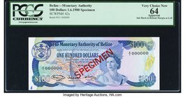 Belize Monetary Authority 100 Dollars 1.6.1980 Pick 42s Specimen PCGS Apparent Very Choice New 64. Wonderful colors are seen on this well preserved Sp...