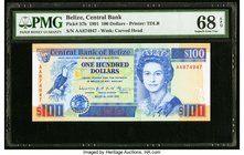 Belize Central Bank 100 Dollars 1.6.1991 Pick 57b PMG Superb Gem Unc 68 EPQ. Excellent, sharp embossing is seen on this example featuring Queen Elizab...