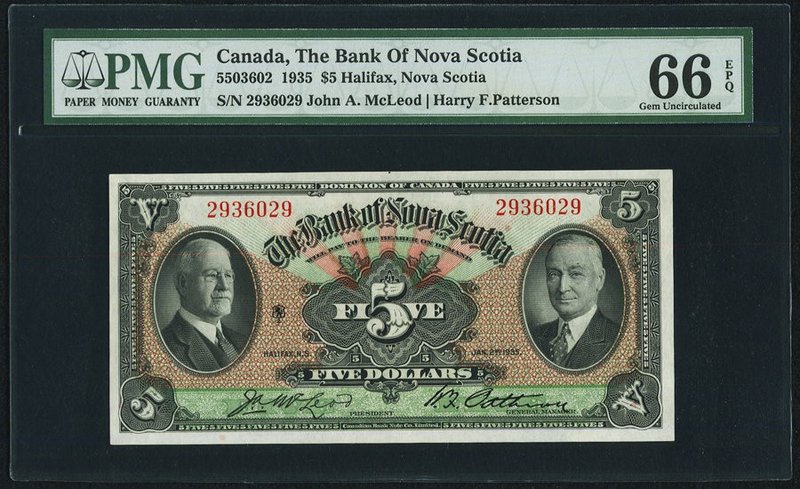 Canada Halifax, NS- Bank of Nova Scotia $5 2.1.1935 Ch.# 550-36-02 PMG Gem Uncir...