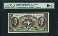 Canada Halifax, NS- Bank of Nova Scotia $5 2.1.1935 Ch.# 550-36-02 PMG Gem Uncirculated 66 EPQ. A splendid original note, with pack fresh quality. In ...