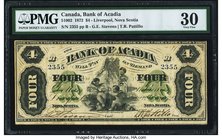 Canada Liverpool, NS- Bank of Acadia $4 2.12.1872 Ch.# 5-10-02 PMG Very Fine 30. The Bank of Acadia began operations in 1872 and was in business for a...