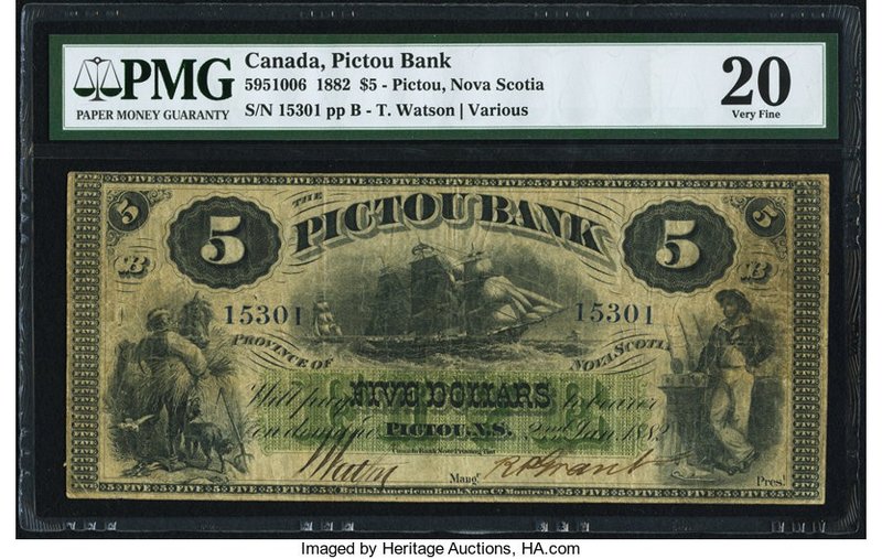 Canada Pictou, NS- Pictou Bank $5 2.1.1882 Ch.# 595-10-06 PMG Very Fine 20. One ...