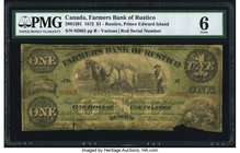 Canada Rustico, PEI- Farmers Bank of Rustico $1 2.1.1872 Ch.# 290-12-01 PMG Good 6. An example of the extremely rare red serial number type that has a...