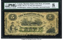 Canada St. John, NB- Maritime Bank of the Dominion of Canada $5 3.10.1881 Ch.# 425-12-02 PMG Very Good 8. A red serial number type that is in a commen...