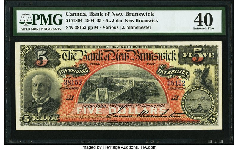Canada St. John, NB- Bank of New Brunswick $5 2.1.1904 Ch.# 515-18-04 PMG Extrem...